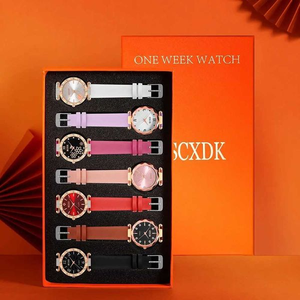 Нарученные часы 7pcs set womed fashion watch casual кожаный ремень часы дамы римские цифры на циферблат кварцевые наручные часы платья часы Montre femme 240423