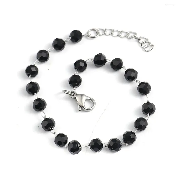 Charm Bracelets Klassisches schwarzes Farbarmband für Frauen 304 Edelstahlverbindungskette Schmuck Faceed Perlen Geschenk 18,5 cm lang 1 Stück