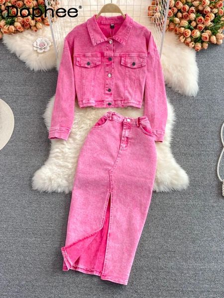 Abiti da lavoro Rapponente di jeans corto rosa Donne Spring Giacca autunno Top a metà lunghezza Galvala in vita alta Abito a due pezzi Abbigliamento di moda coreano