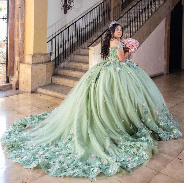 Nane yeşili prenses quinceanera omuz kapalı 3d çiçek aplike kabarık etek korse vestidos de 15 anos quinceaneras 2024