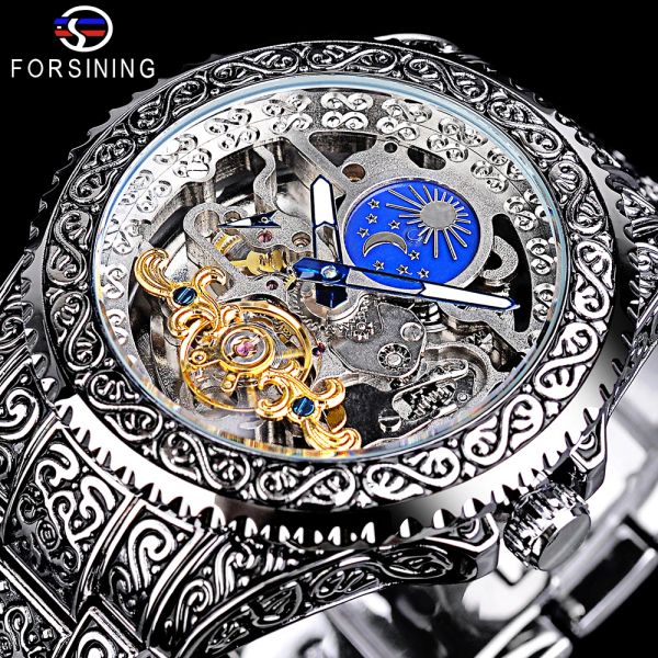 Watches Forsining Water of Mechanical Watch Men Tourbillon Automatische Armbanduhr Hollow Retro Mens Outdoor Uhren Moon Phase Uhr