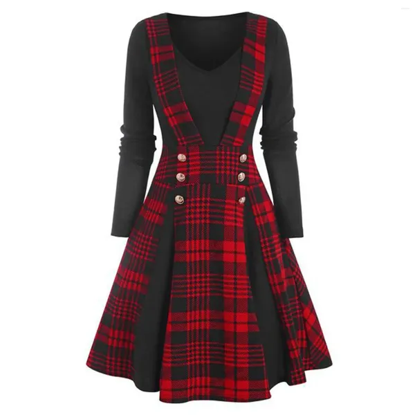 Lässige Kleider Gothic Black High Taille Langarmes Vestidos Plaid gedruckter Knopf A-Line-Kleid für Frauen Herbst Winter Vintage Kleidung