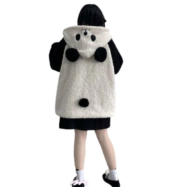 Sweatshirts Kadın Kış Kış Faux Polar Hoodies Ceket Harajuku Kawaii Karikatür Panda Kulaklar Uzun Kollu Sweatshirt Büyük Boy Düğmesi Aşağı Peluş