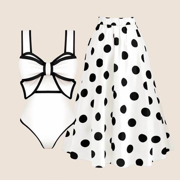 2024 Черный белый ретро -купальник женский галстук -бабочка купальники с юбкой Сексуальный купальный костюм монокини пляжный боди пляжный пляж 240424