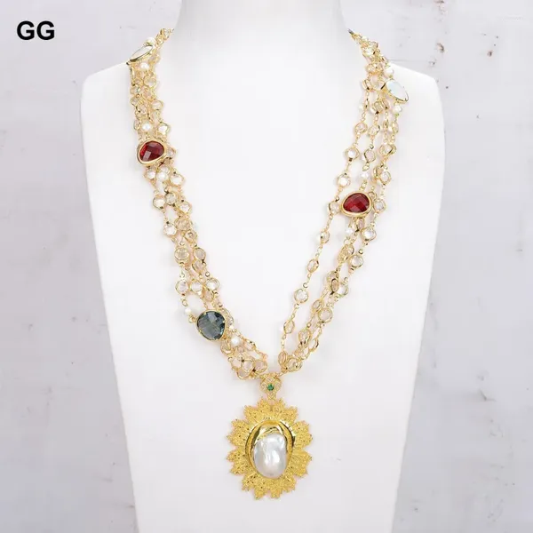 Подвесные ожерелья gg 23 '' 4 ряда многоцветные кристалл Cz Cheape Collece Gold Paved Baroque Pearl для женских вечеринок подарки