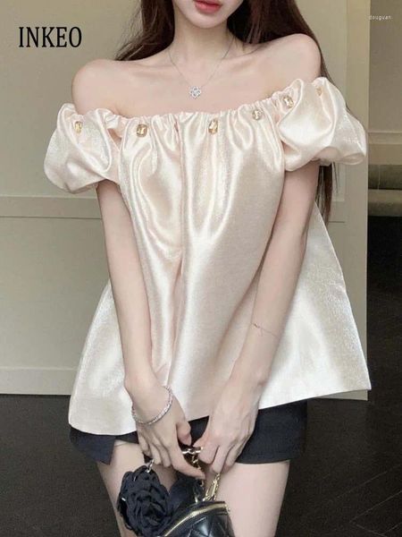 Женские блузки модные сладкие короткие топы из рукавов розовые 2024 летняя женщина из искусственного бриллиантового рубашки Slash Neck Wem Club inkeo 4T086