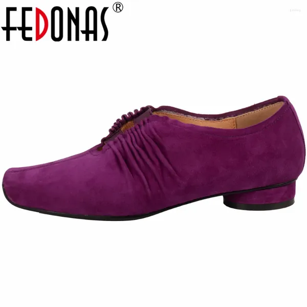 Scarpe casual Fedonas da donna matura di punta quadrata pompe basse tacchi a bassa estate autentica vera pelle pieghetta donna donna che lavorava