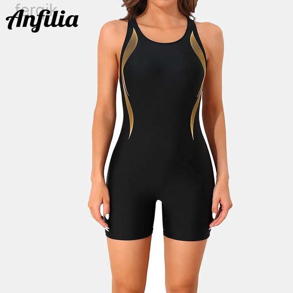 Frauen Badebekleidung Anfilia Frauen einteilige Sportbadeanzug Professionelles Training Sportler Boyleg Racerback Badeanzug Wellenlinie Drucken Badebekleidung D240424