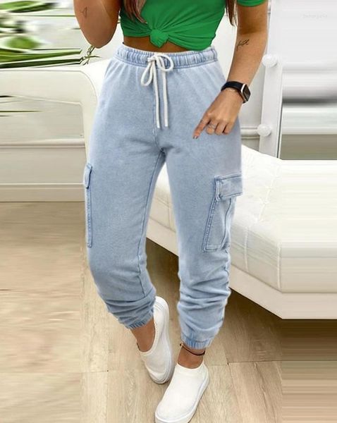 Женские брюки 2024 Лето Y2K Capris Long Fashion Solid Color Slim Fit Shishstring Pocket Design Caff High Thaiste Cargo