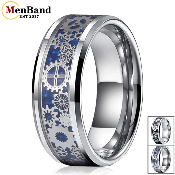 Bands Männer Frauen Hochzeitsband Tungsten Carbid Ring mit mechanischem Zahnrad Rad und Kohlefaser -Inlay 6mm 8mm Komfort Pass