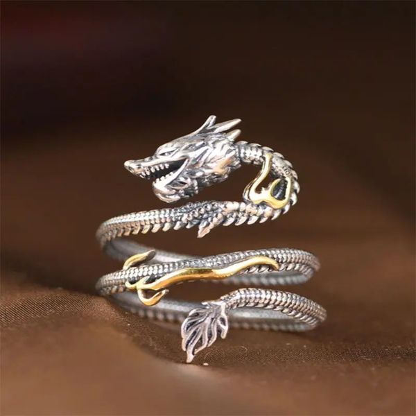 Chinesischer Zodiac Dragon Head Ring Herren Single Retro -Stil 100% 925 Sterling Silber Handschmuck 240420
