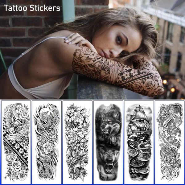 Maglioni a braccio pieno manica tatuaggi temporanei per uomini donne realistiche fa falsi tatoos guerrieri leone tigre fiore tatuaggio adesivo totem nero maori