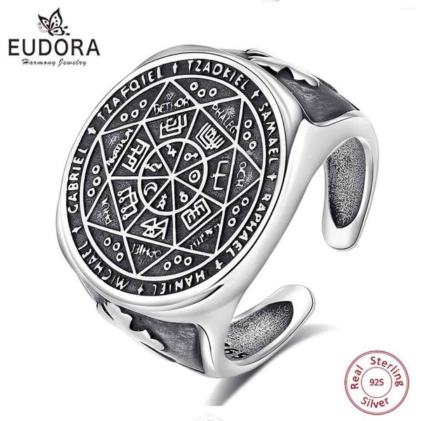 Anelli di cluster Eudora 925 Sterling Silver Seven Archangels Ring Regolable Vintage Rune Rune Evoca Magic Circle Amulet Men Regalo per la personalità