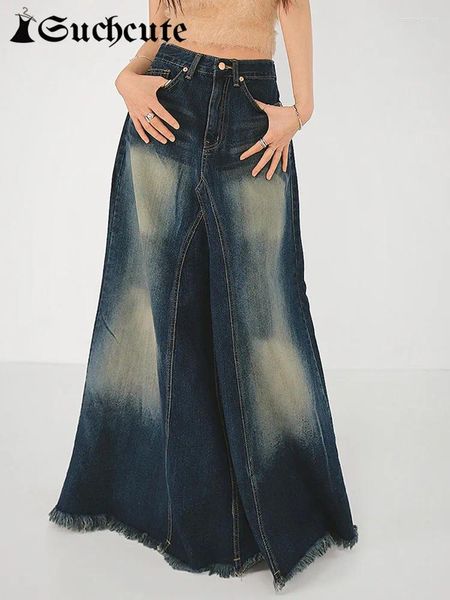 Röcke solchCute koreanischer Stil Krawattenladung Denim Harajuku Streetwear Blue Maxi Frauen Märchenmärchen Low Taille Vintage Vintage