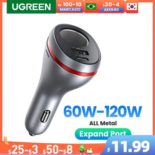 Кабели Ugreen 84W Car Charger Quick QC PD 4.0 3.0 USB Type C быстро зарядка автомобиль.