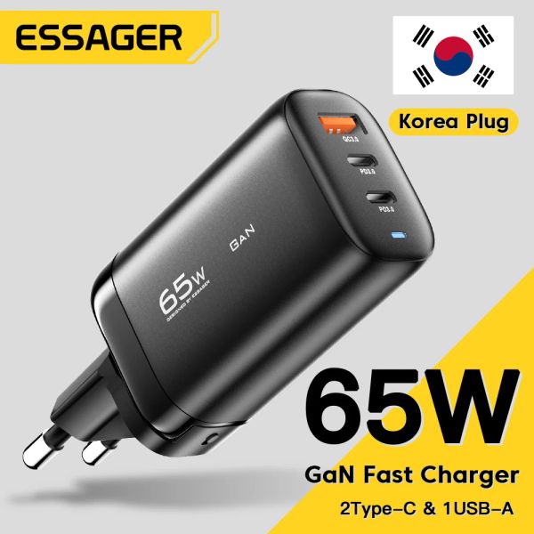 Chargers Essager 65W Corea Plug USB Type C Gan Caricatore per laptop PD Carica rapida per iPhone 14 13 12 Pro MacBook Samsung Charge Adapter