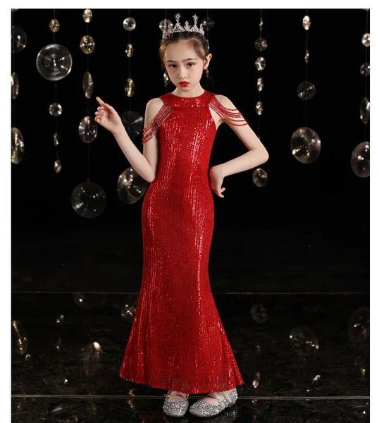 Vestuário de banho 2023 vestidos de sereia para meninas adolescentes crianças elegantes dama de noiva vestido de lantejoulas de festas de festas de festas de noite