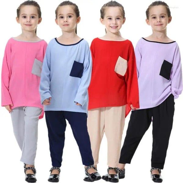 Abbigliamento etnico Abaya Turchia Girls T-shirt Cash Pants Set Dubai ISLAMIC BAMBINI MUSUMI BAMBINI MUSILI OBITSI DI COLORE SOLIDA ARAB 90-160 cm