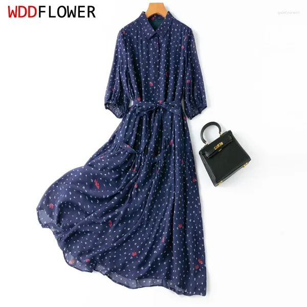 Abiti per feste Donne Silk Midi Abito Mulberry con fodera Navy Floral Stampato con cintura Big Hem A-Line Long L XL XXL M1106