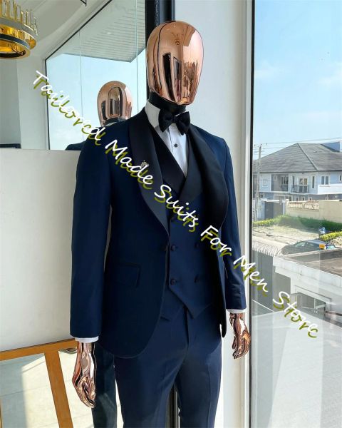 Anzüge Marineblau 3 Piece Anzug für Männer Hochzeitsbräutigam formelle Kleidung Italienischer Stil moderne schlanke elegante Party Prom Blazer Sets