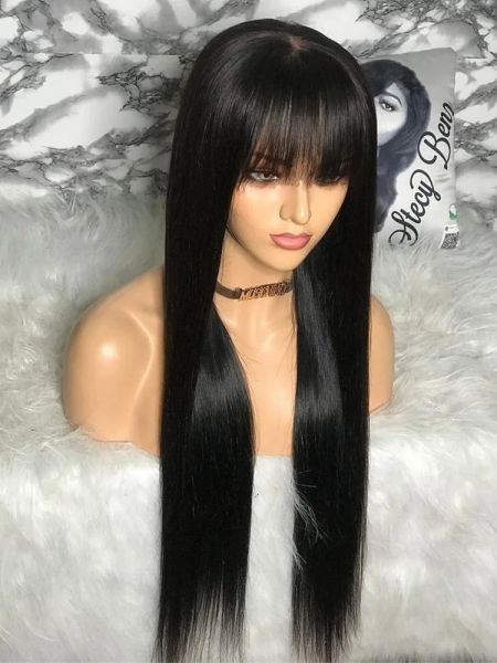 Cabelos longos cabelos retos Human Human Wig com franja curta perucas para mulheres negras preto preto de 30 polegadas de comprimento resistente ao calor sintético