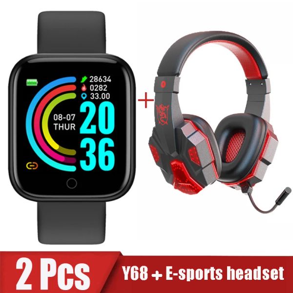 Смотрите 2pcs D20 наушники Smart Watch Men Men Women Bluetooth Digital Watches Sport FitnessTracker Braclet Y68 Умные часы для Android iOS