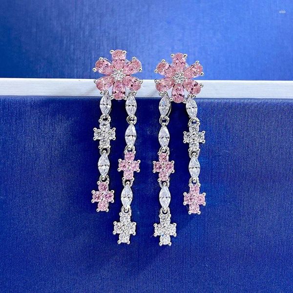 Bolzenohrringe Springlady Romantische 925 Sterling Silber Blumenform Pink Saphir Simuliertes Moissanit Diamanten Dangle Tropfen für Frauen