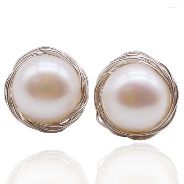 Orecchini per borchie perla rotonda naturale perle d'acqua dolce per perle a mano intrecciate sterling sterling da donna regali