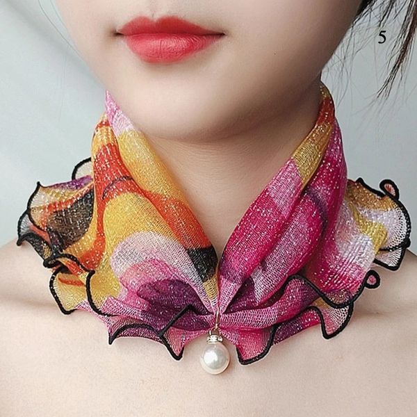 Mulheres Brufles Lace Sconhas Pearl Organza Chiffon Scarves Bandana Bandana Fashion Collar Collar Print Shiny Loop 240417