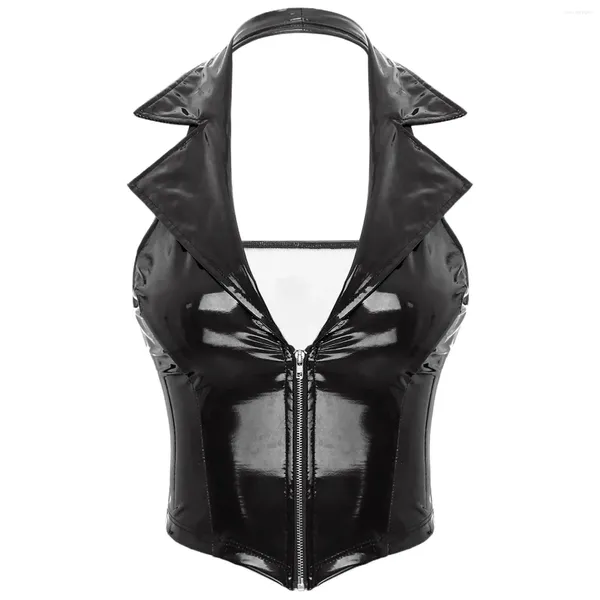 Frauen Tanks Wetlook Latex Halfter PU Leder Camisol Tops Hochglänzende Patentweste Notch Revers Deep V Hals Front Reißverschluss Schlankes Fit Weste Coat