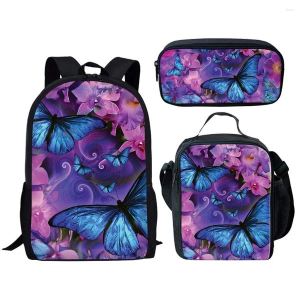 Backpack Fashion Novelty Funny Funny Butterfly 3D Impressão 3pcs/Set Pupil School School Laptop Daypack Lunchag Bag Case