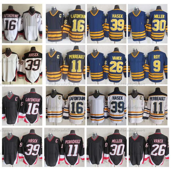 Kob Vintage Mens 16 Pat Lafontaine 11 Gilbert Perreault Hockey Maglie 39 Dominic Hasek 26 Thomas Vanek 9 Derek Roy 30 Ryan Miller retro BL