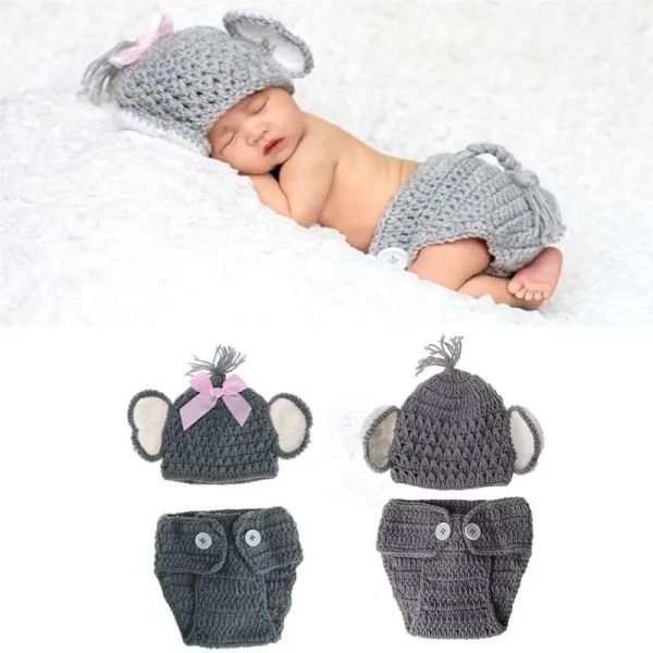 Sets Neugeborenes Baby Elefant Strick Häkelkinder Baby Hat Kostüm Baby Girls Jungen Fotofotografie Requisite Outfits