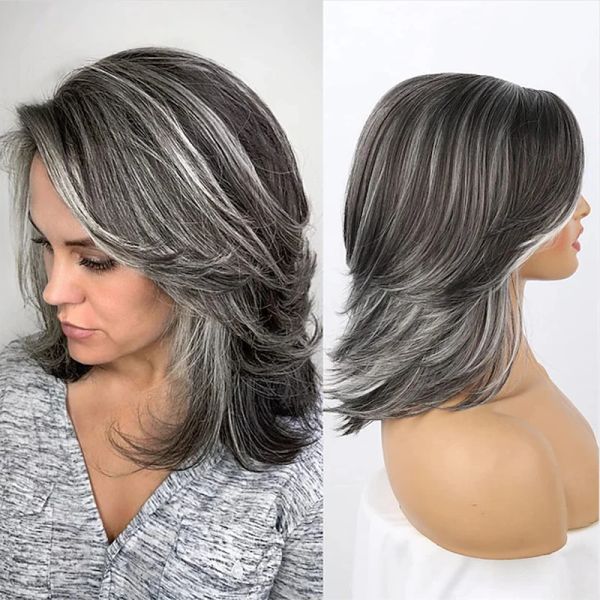 Wigs Hairjoy Grigio scuro Ombre Stratenate a strati con frange per donne nere capelli sintetici corti grigio evidenziazione dritta a strati di bob wig