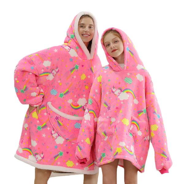 Polos Übergroße familienübereinstimmende Homewear Plüsch Fleece Fleece Sherpa Decke Einhorn Mädchen Nachtwäsche, wenn Sie zwei Hoodie brauchen, bestellen Sie bitte zwei