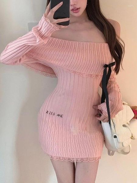 Vestidos casuais rosa sexy kawaii vestido de suéter mulheres fora do ombro doce y2k slim mini fêmea coreana malhada fofa 2024