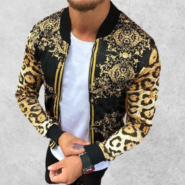 Jackets masculinos Simples Casa de outono simples Vintage Cool redonda pescoço comprido manga de manga comprida leopardo masculino elegante punho de punho apertado