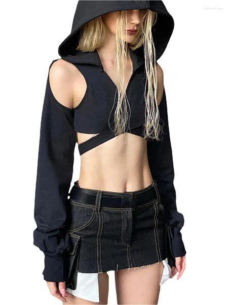 Damen Hoodies Frauenhaube Gothic Cropped Tops Langarm Cross Cutout Front Show Navel Grunge Shirts Streetwear