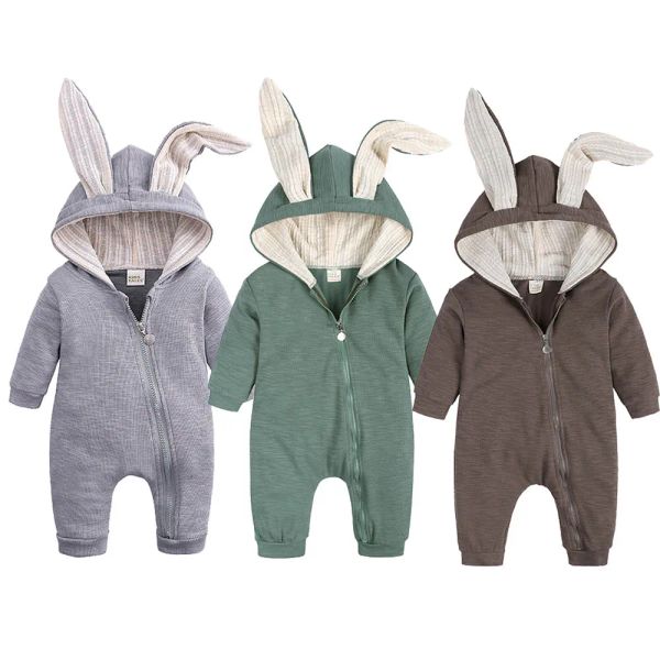 One-Pieces Bunny Strick Strampler Neugeborenes Baby gemütlicher Jumpsuit graue Kaninchen Onesies Osterkleidung für Jungen Mädchen Infant Baumwolle Kapuze 018 Monate