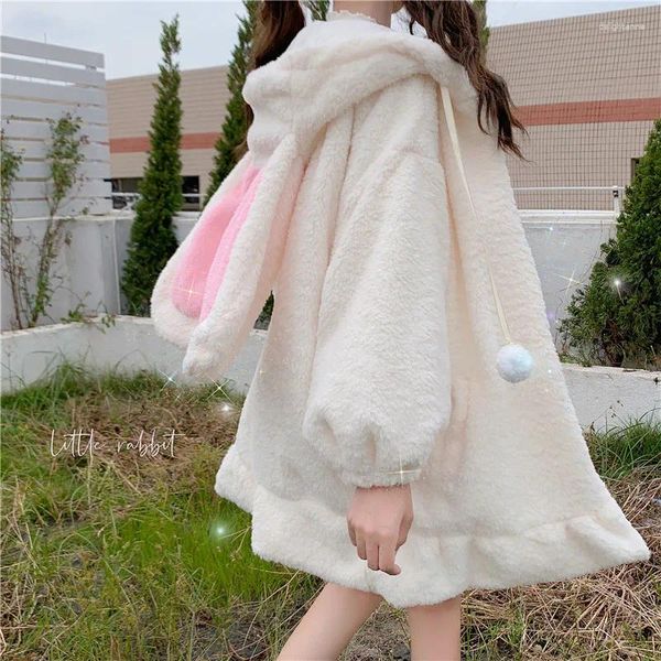 Frauen im japanischen Stil Herbst Winter Frauen süße warme Jacke Kawaii weiche Lambsweool Rüschen Ohren mit Kapuze -Schichten Mädchen Parkas Parkas