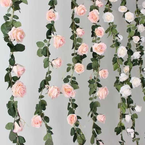 Flores decorativas 1,8 m Artificial Rose Vine Flower Wall Supplies Folhas Planta Props Decoração de casamento Fake for Home Decor