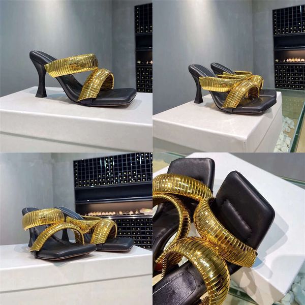 Sexy Gold Mules Heels High Sandals Women Metal Decore Designer Shoes Woman Healned Sandal Ladies Runway Slippers