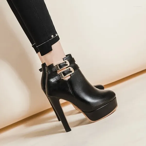 Casual Shoes Herumn Winter Winter Damen -Knöchelstiefel 12,5 cm Super High Heel Schwarzes Leder Dicke Fashion Beltle Schnalle Plattform
