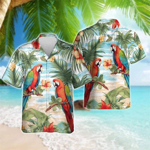 Camisas casuais masculinas papagaio tropical 3d camisa de praia estampada Animal de flores havaianas para homens roupas férias lapela blusa Psittacine Bird Tops