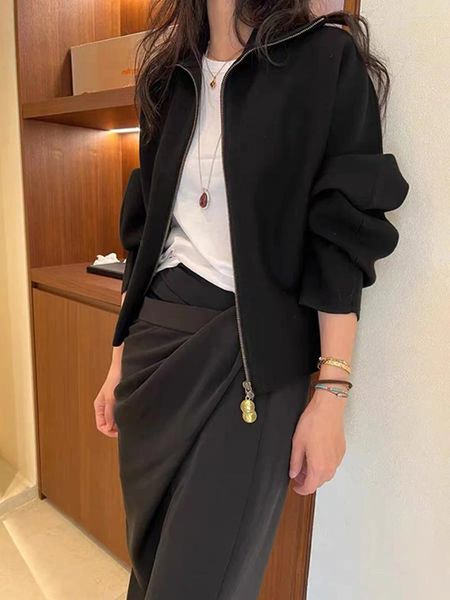 Malhas femininas Top End Women Fashion Wool Blend Black Long Batwing Sleeve Cardigan Coat de Lady Stand Stand Collar Zipper Sweater Slim Jacket