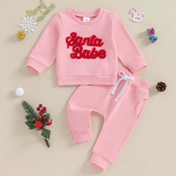 Setler Toddler Kızlar Noel Pantolon Setler Uzun Kollu Mektup Nakış Sweatshirt Pembe Drawstring Pantolon Setleri