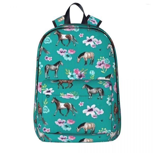 Rucksackpferde und Blumen auf blaugrün Turquoise Horse Print Art Cowgirl Bookbag Schultasche Kinder Rucksack Laptop