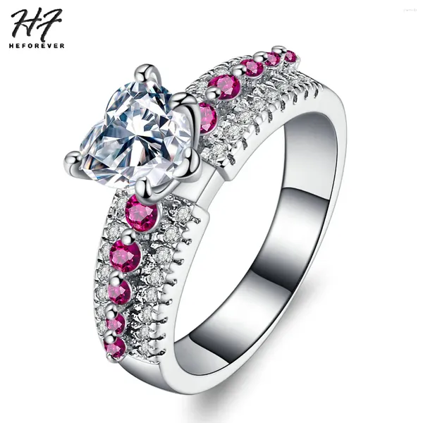 Com pedras laterais, anel de casamento de cristal de coração para mulheres rosa CZ White Gold Color Jewelry Lover DD016
