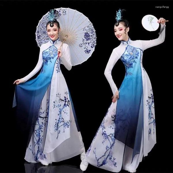 Bühnenverschleiß traditioneller chinesischer Vintage Hanfu Blumendruck Qipao Kleiderhose Set Alte Volkstanzkostüm Performance