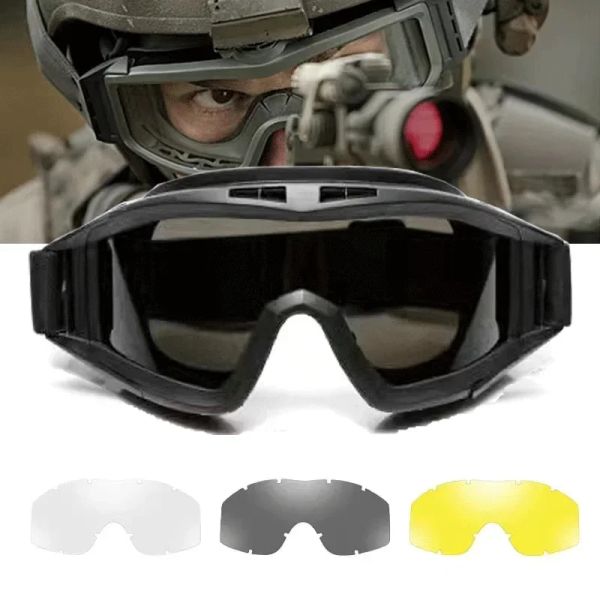 Óculos de óculos de óculos táticos de airsoft 3 lentes preto marrom marrom -verde à prova de poeira à prova de poeira motocicleta óculos CS Proteção à segurança de paintball